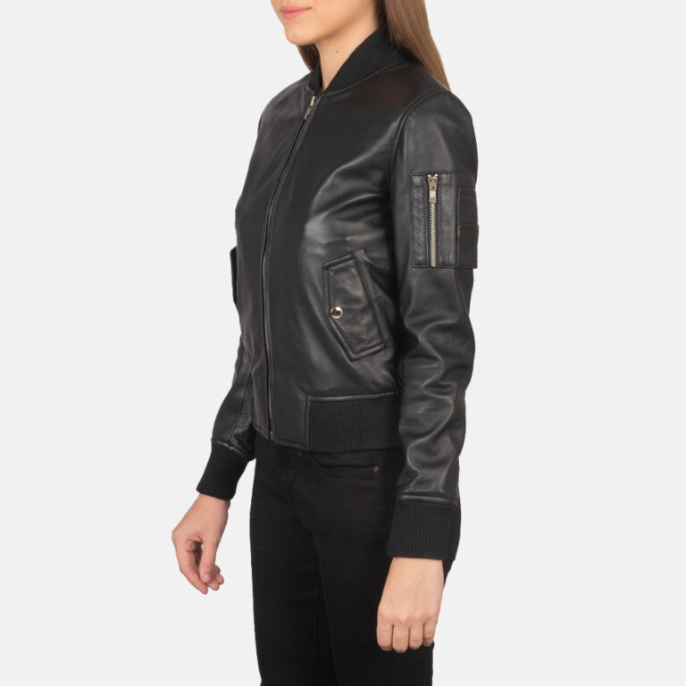 Womens Ava Ma-1 Black Leather Bomber Jacket Side Pose-3-1659371522254